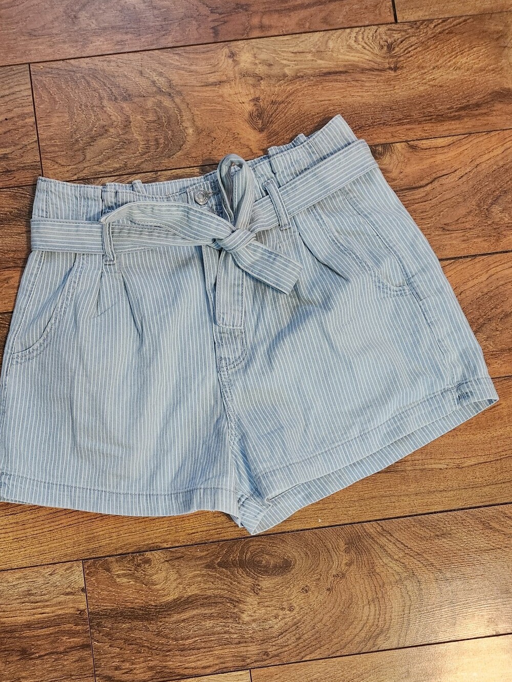 American Eagle Light Blue Striped Paperbag Waist Shorts,size 8